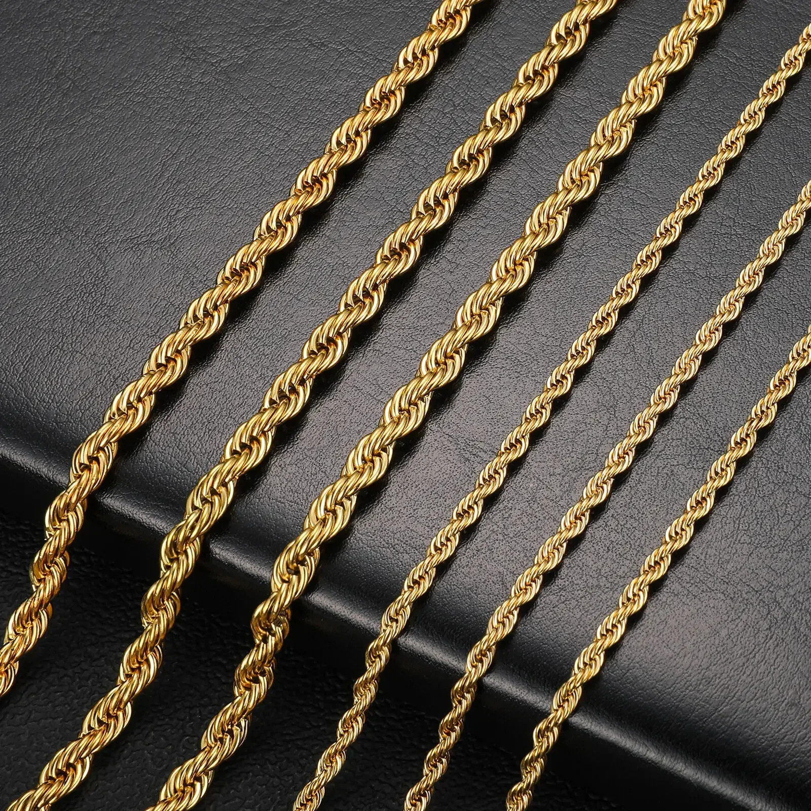 Gold Plated Stainless Steel Rope Chain Necklace 4mm Unisex Men Women