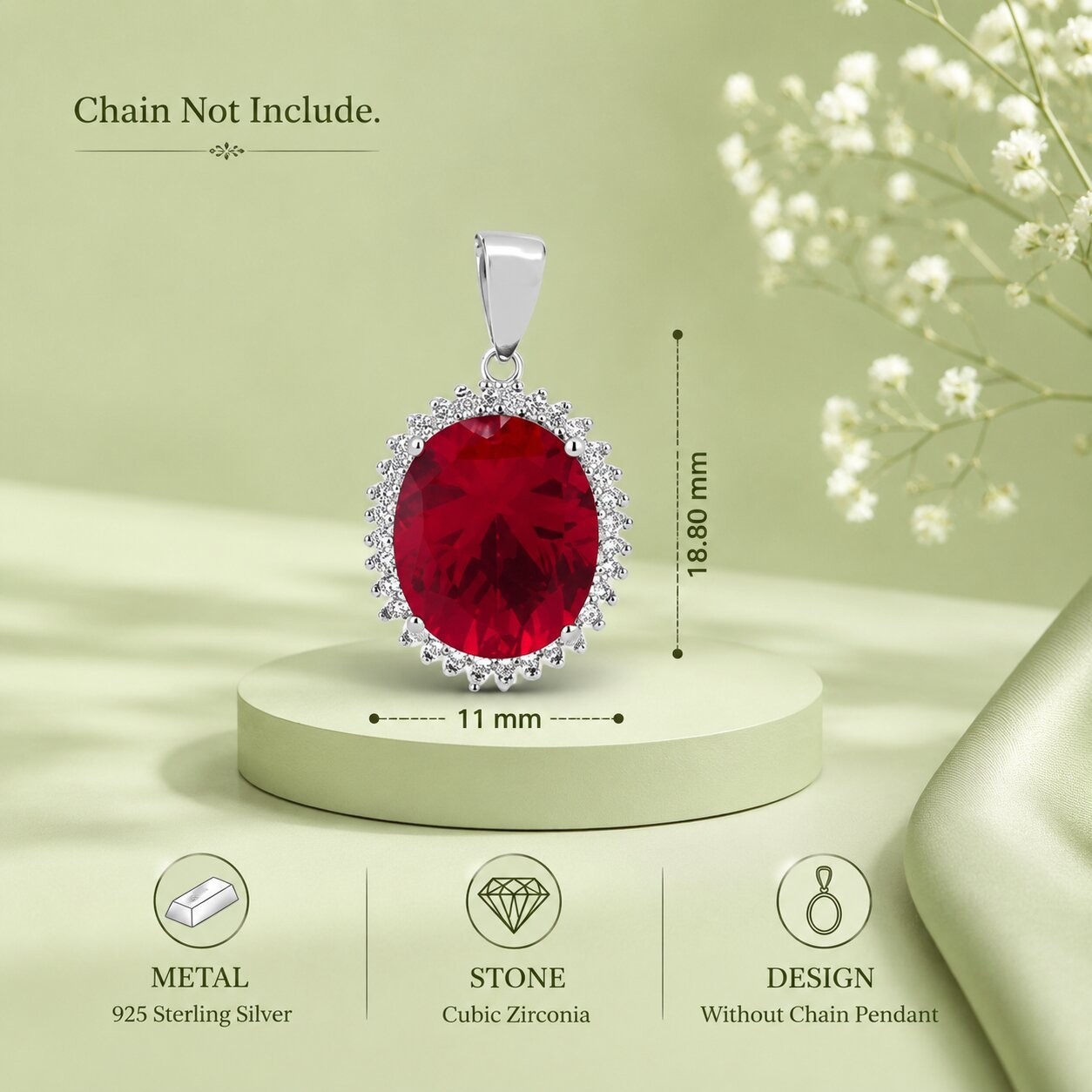 925 Sterling Silver Ruby Red Cubic Zirconia Halo Oval Pendant Necklace Charm