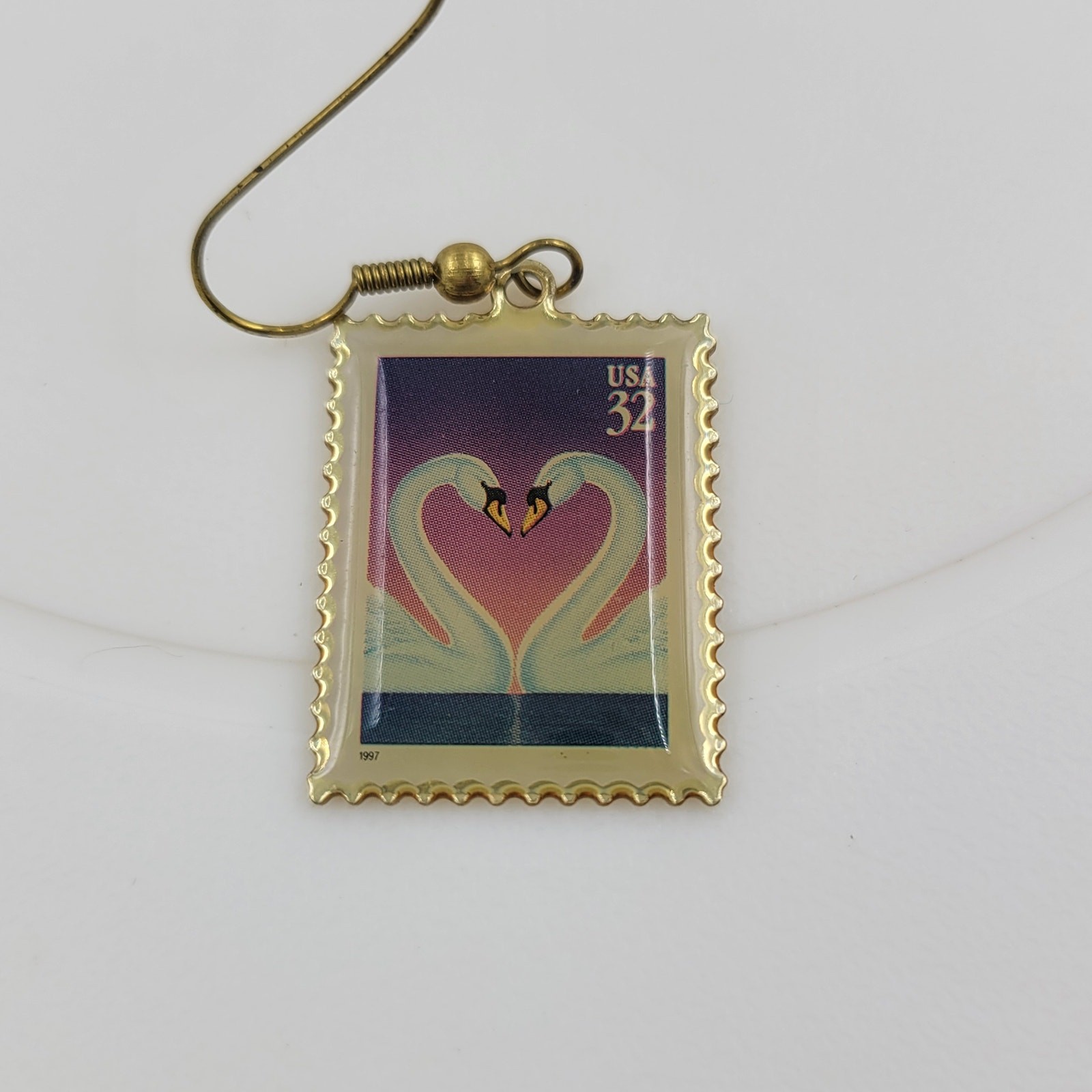 Swan Love 32 Cent Stamp Dangle Earrings Heart Gold Tone Postage Mail USA