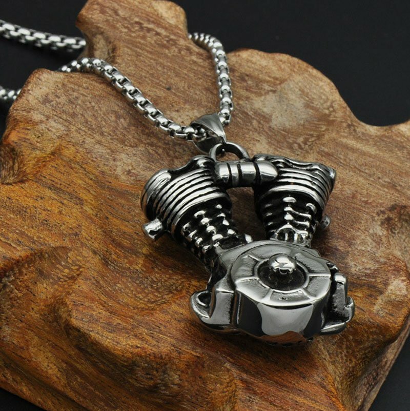 MENDEL Mens Motorcycle Engine Necklace Biker Pendant Heavy Stainless Steel Punk