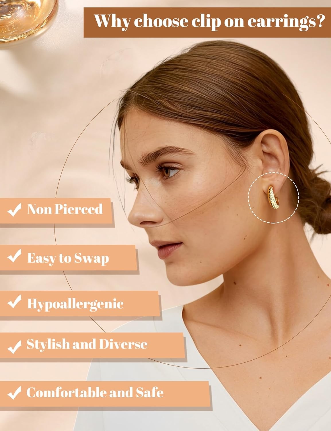Gold Clip on Earrings for Women Hypoallergenic – 14K Gold Plated Chunky Tube Cro
