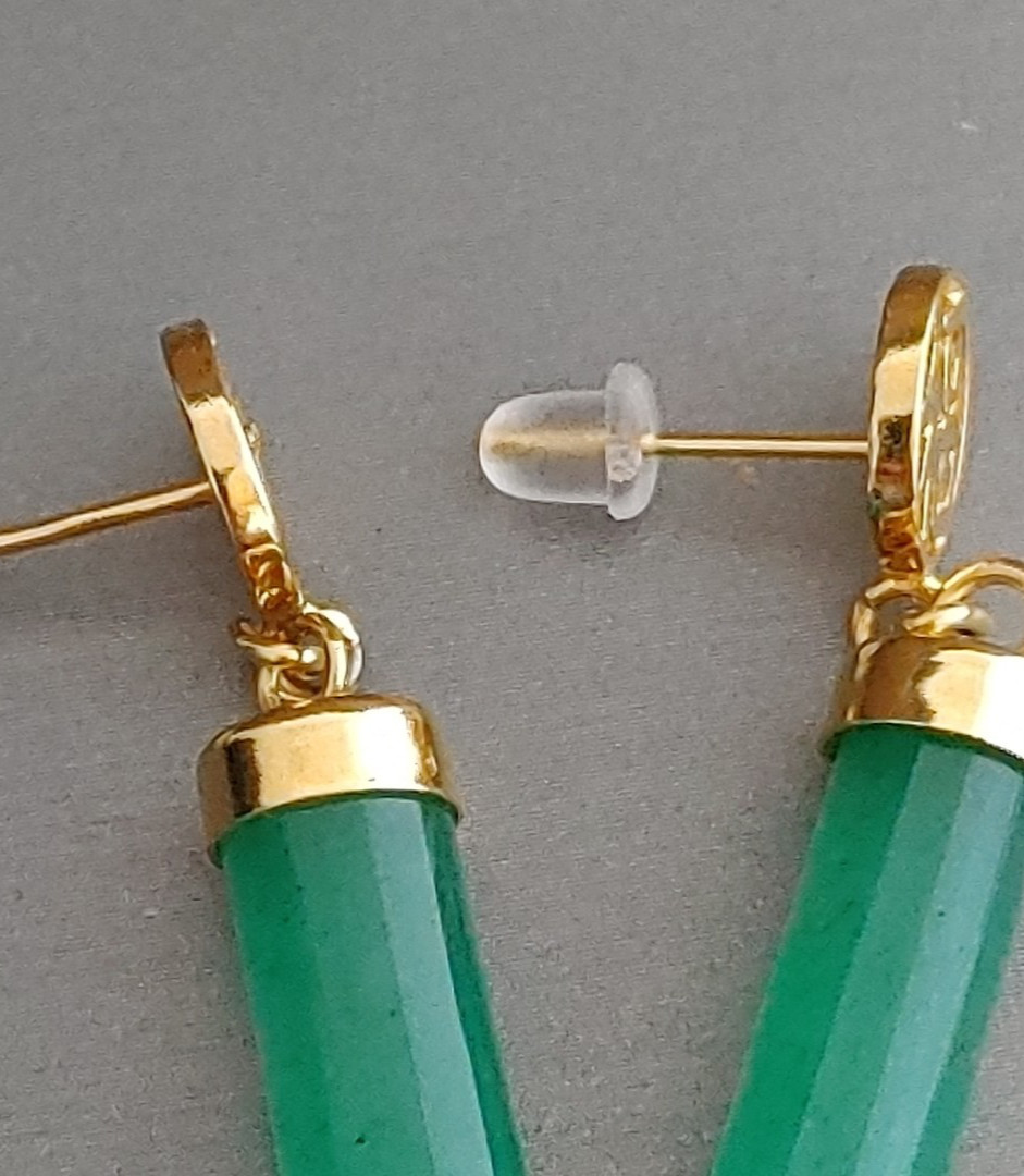 Translucent Green Stone Gold Tone Chinese Earrings Post Dangles 1.5”