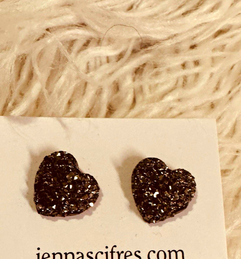 Black Resin Heart Stud Earrings Butterfly Back No Stone