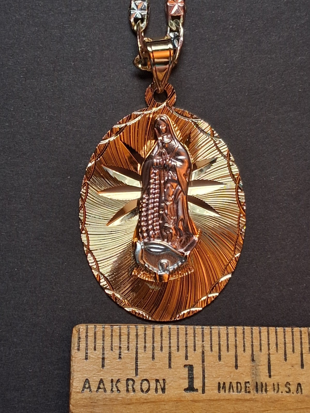 Virgin of Guadalupe Pendant, 24″ Valentino Link Chain, Gold-Plated & Tri-Tone