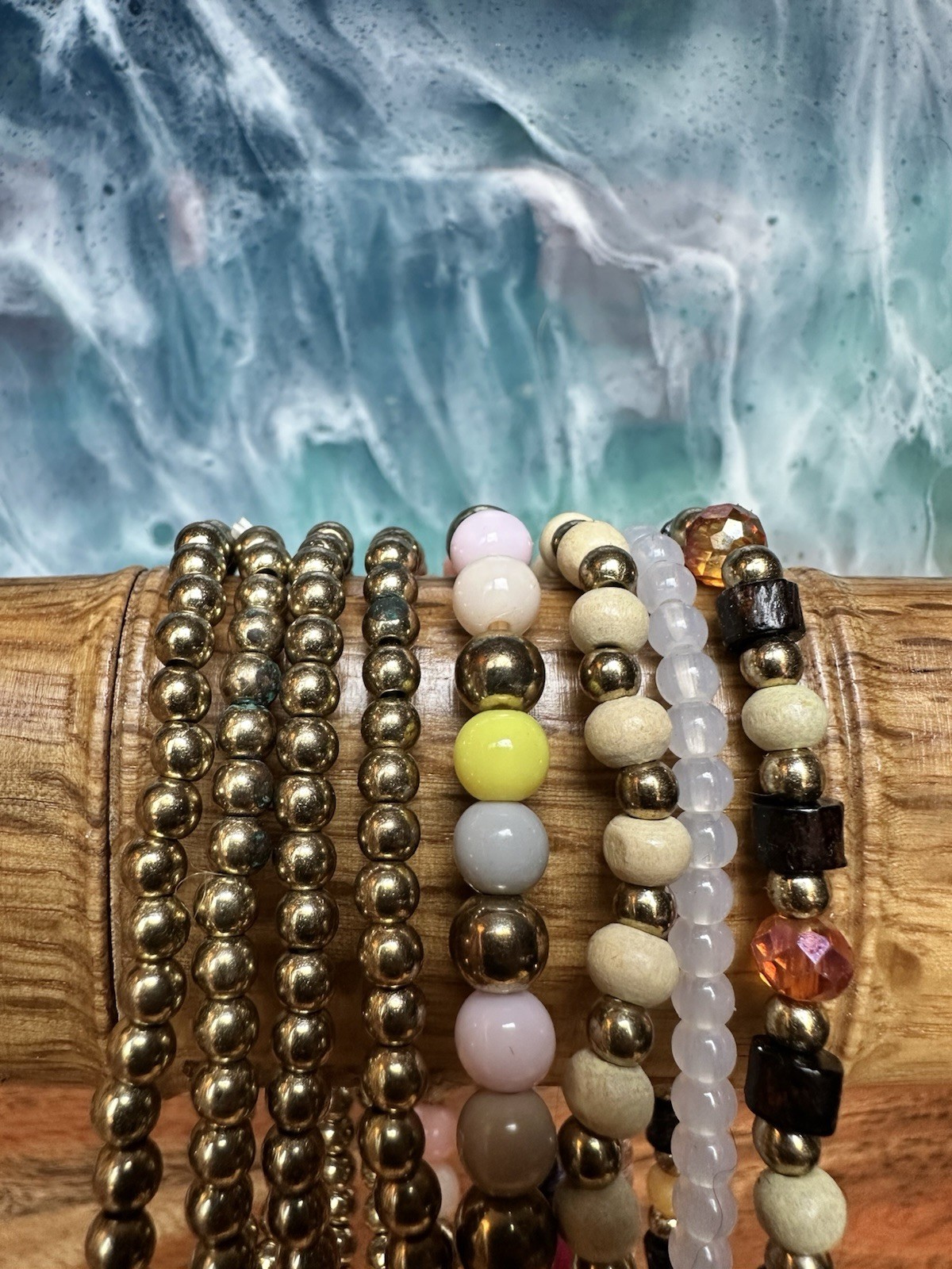 Multicolor Beaded Stretch Stackable Bracelet Set w/ Gold-Tone Ball Beads