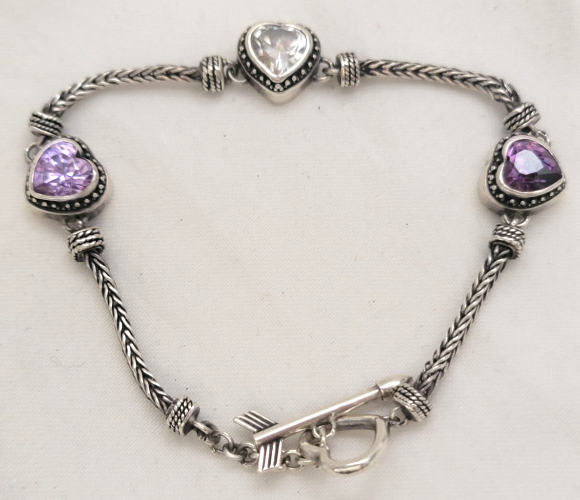 Amethyst Hearts CZ Crystals 925 Sterling Silver Spiga/Wheat Chain Bracelet 7.75″