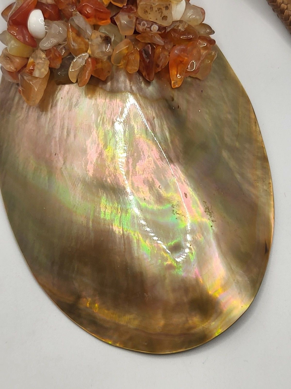 Artisan Iridescent Large Abalone Shell Pendant Corded Necklace Gemstone Chips