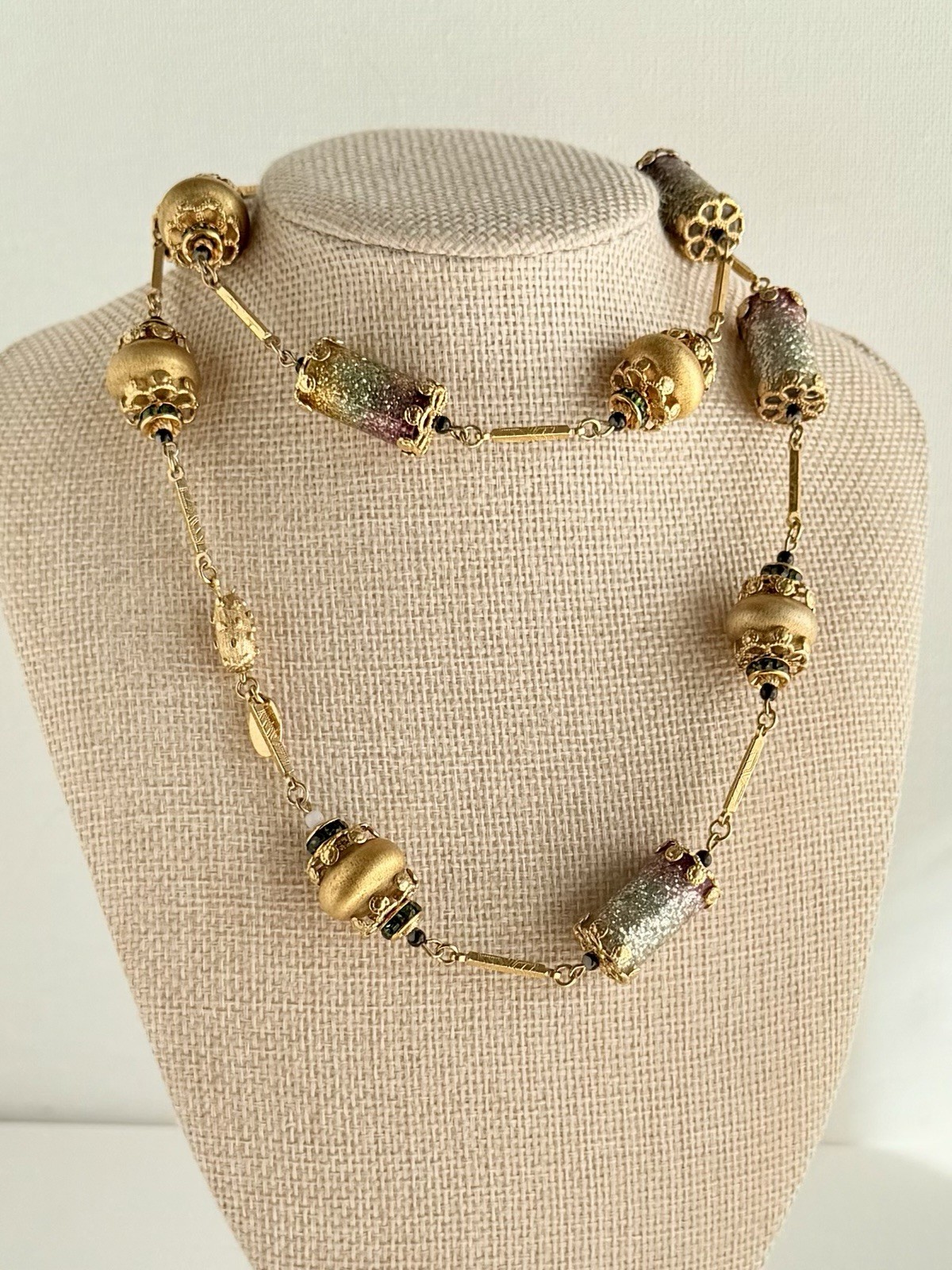 Vintage Vendome Necklace Gold Tone Pink Green Glitter Beads Signed