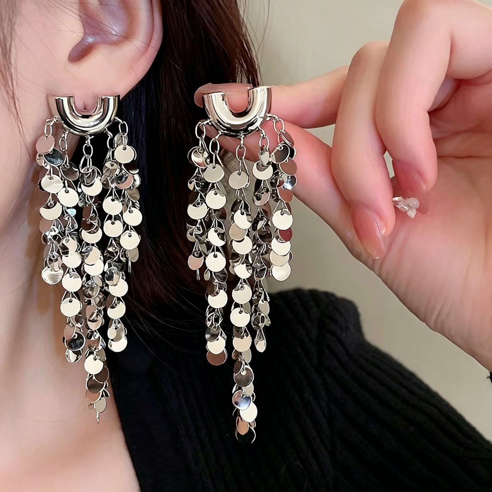 Shiny Sequin Tassel Drop Earrings Bohemian Long Dangle Earrings Party Wedding