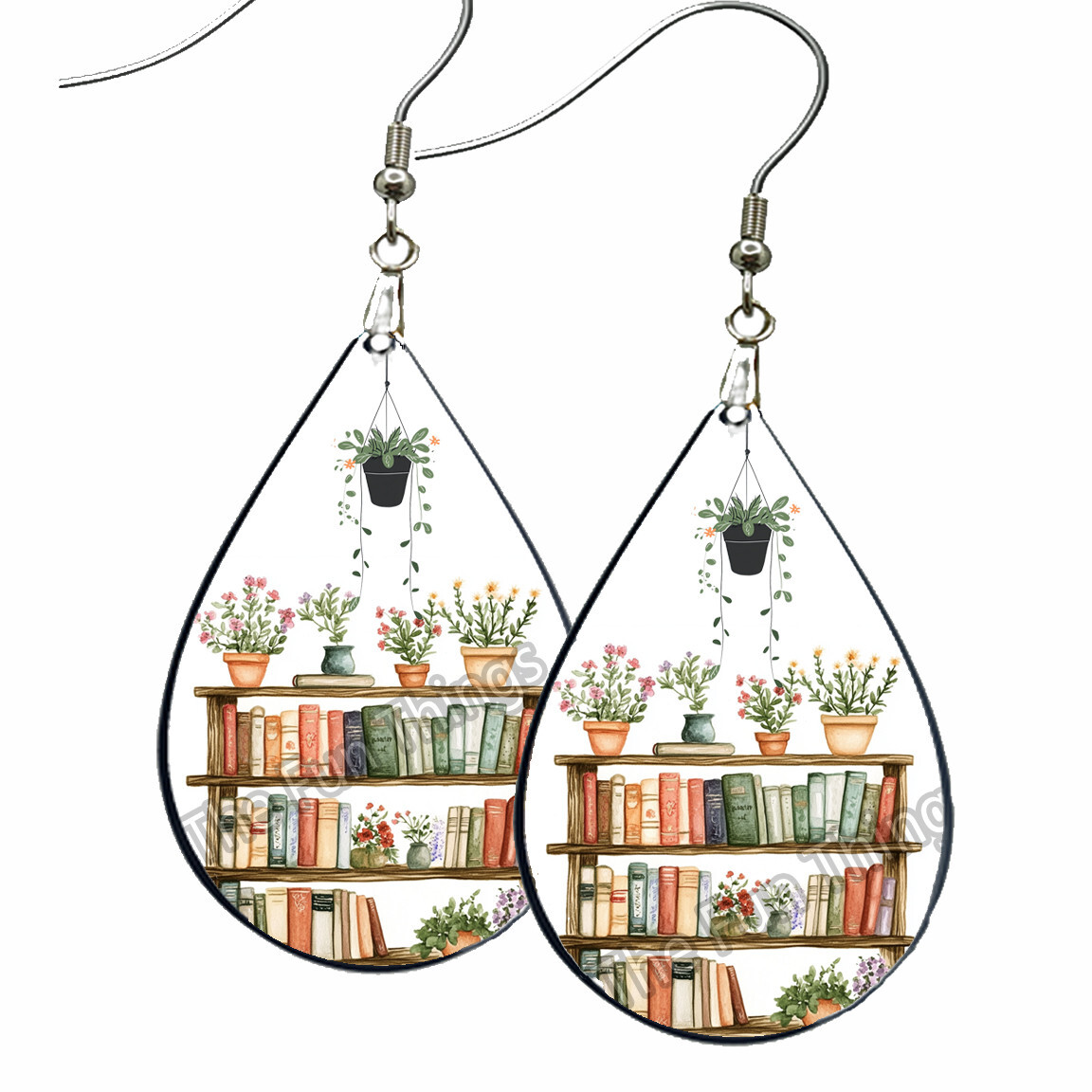 House Plants & Books Earrings NO TARNISH Wood Teardrop Bookworm Plant Lover Gift