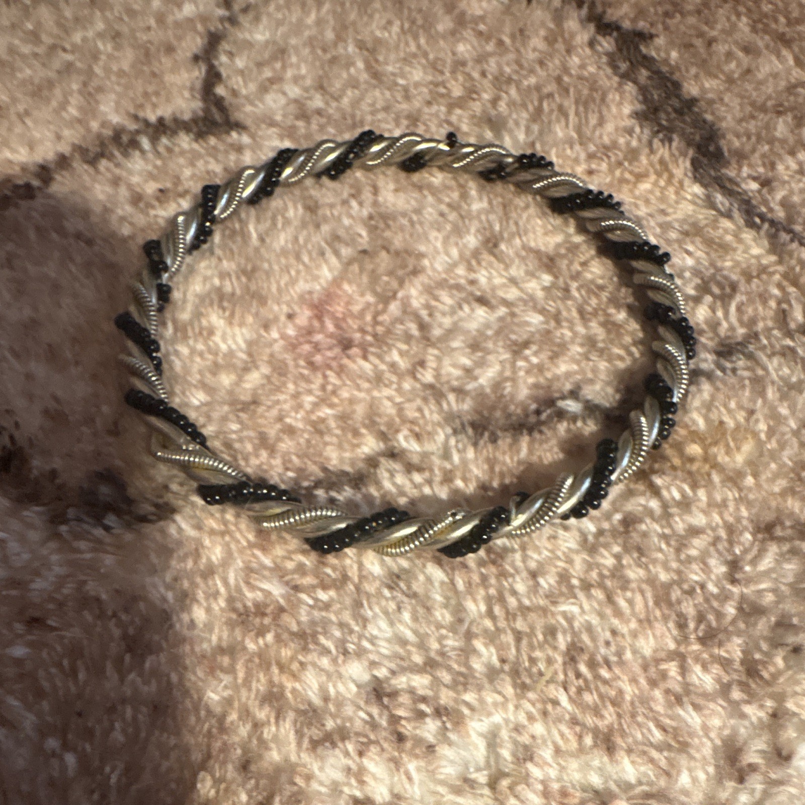 Black & Silver Tone Twisted Rope Slip-On Bangle Bracelet, Round Metal, No Stone
