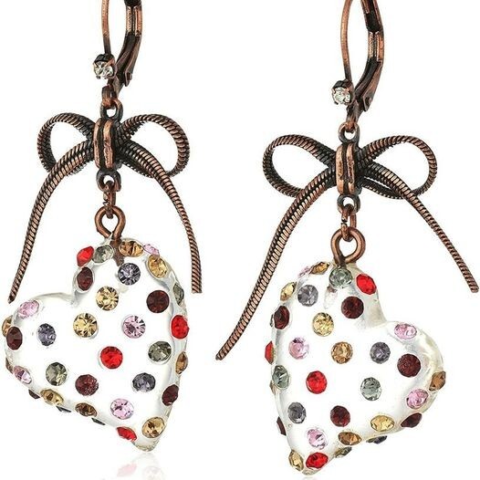 Betsey Johnson Stone Lucite Heart Drop Earrings Delicate Bow Mixed Multi-Colored