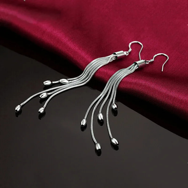 Womens 925 Sterling Solid Silver Long Tassel Drop Dangle Hook Fashion Earrings