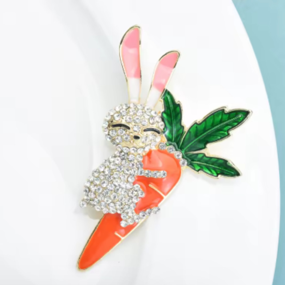 Easter Spring Bunny Carrot Brooch Rhinestone Rabbit Animal Pin Gift Jewelry USA