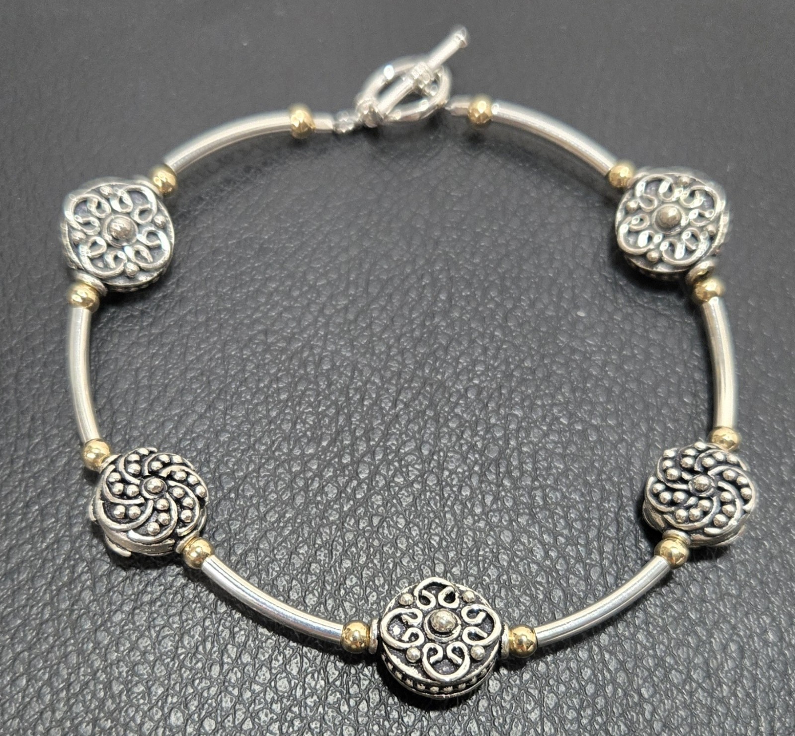 14k Gold Filled and Sterling Silver Bead Bracelet 7 in Mixed Metals Toggle Clasp