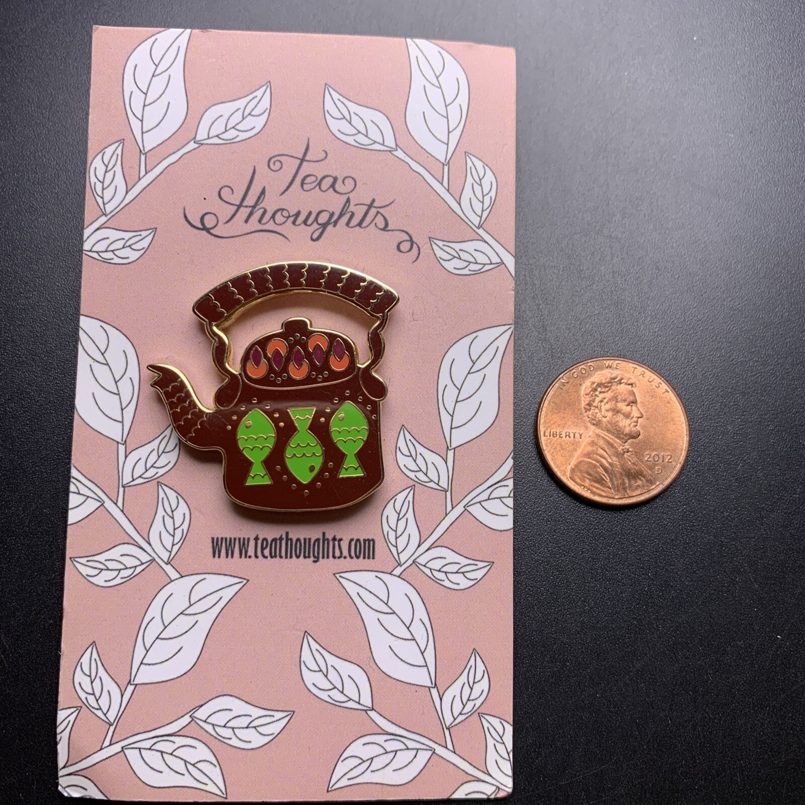 Tea Thoughts Pin Lapel Enamel Brown Green Fish Gold Tone Teapot Kettle