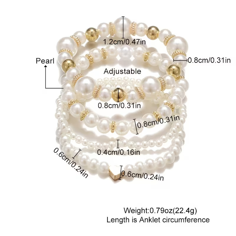 Set of 4 Imitation Crystal and Pearl Beaded Elastic Bracelets 7-8 inch