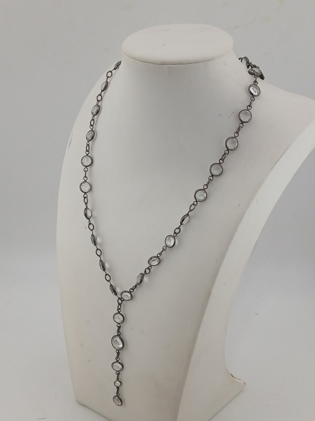 LUCY ISAACS NYC 1990 gunmetal open bezel Swarovski crystals Y Design Necklace