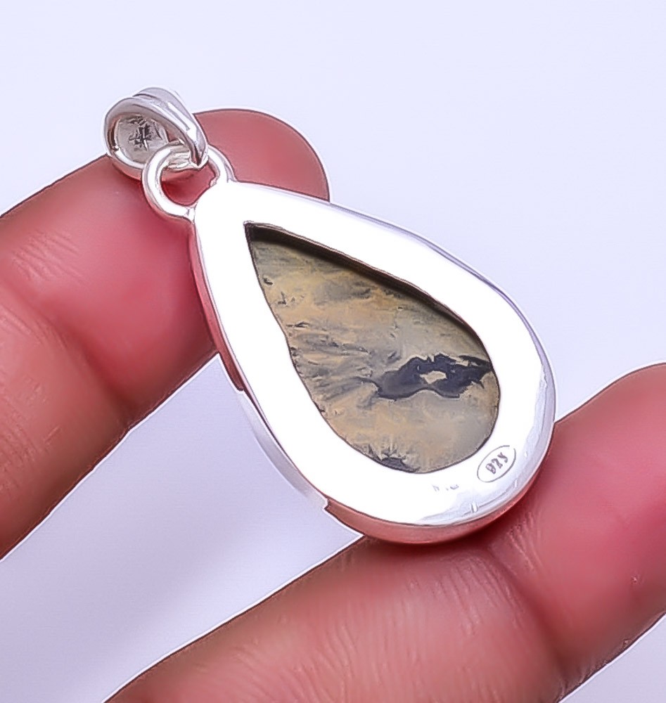 Honey Dendritic Opal – Mexico Gemstone 925 Sterling Silver Pendant 1.72″ P8