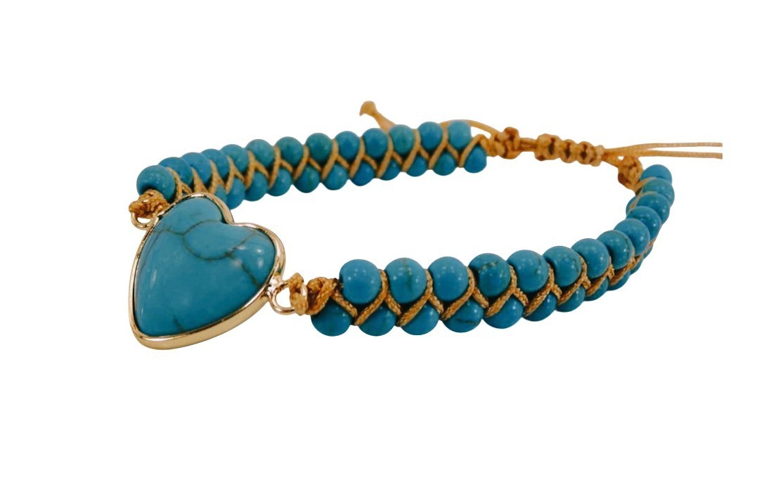Turquoise stone heart bracelet with all round stones brown cord adjustable New