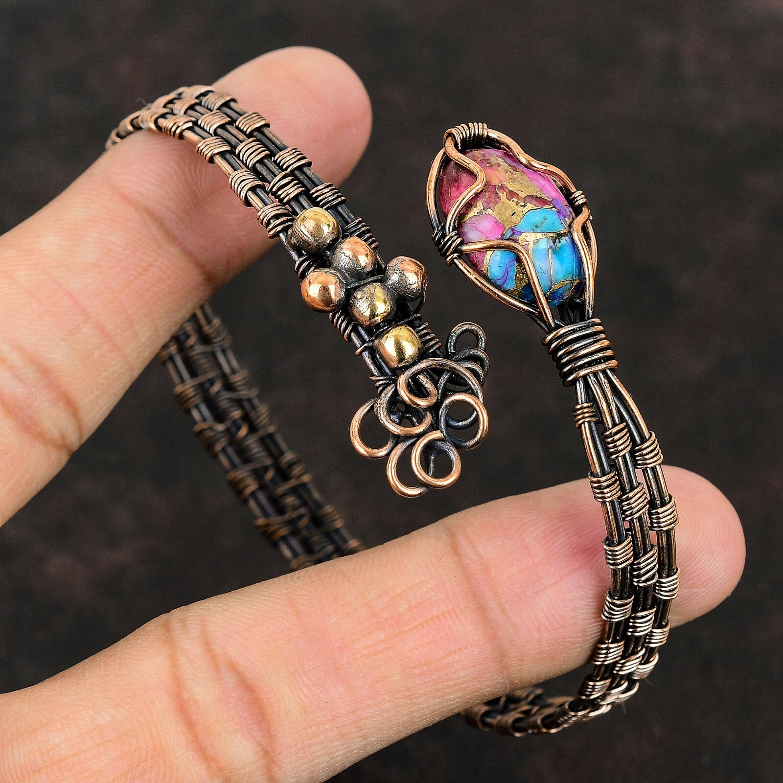 Kingman Pink Dahlia Turquoise Copper Gift For Mum Wire Wrap Adjustable Bangle