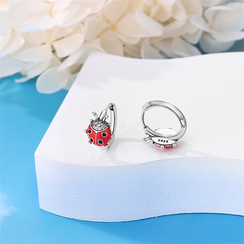 PANDACH 925 Sterling Silver Madonna Ladybug Huggie Earrings For Women Hoops Gift