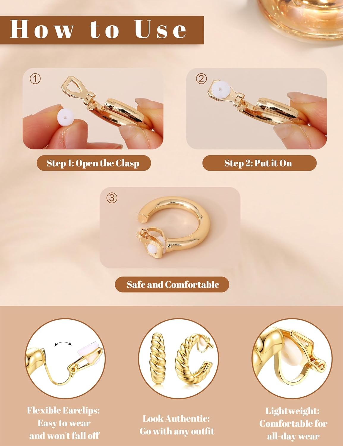Gold Clip on Earrings for Women Hypoallergenic – 14K Gold Plated Chunky Tube Cro