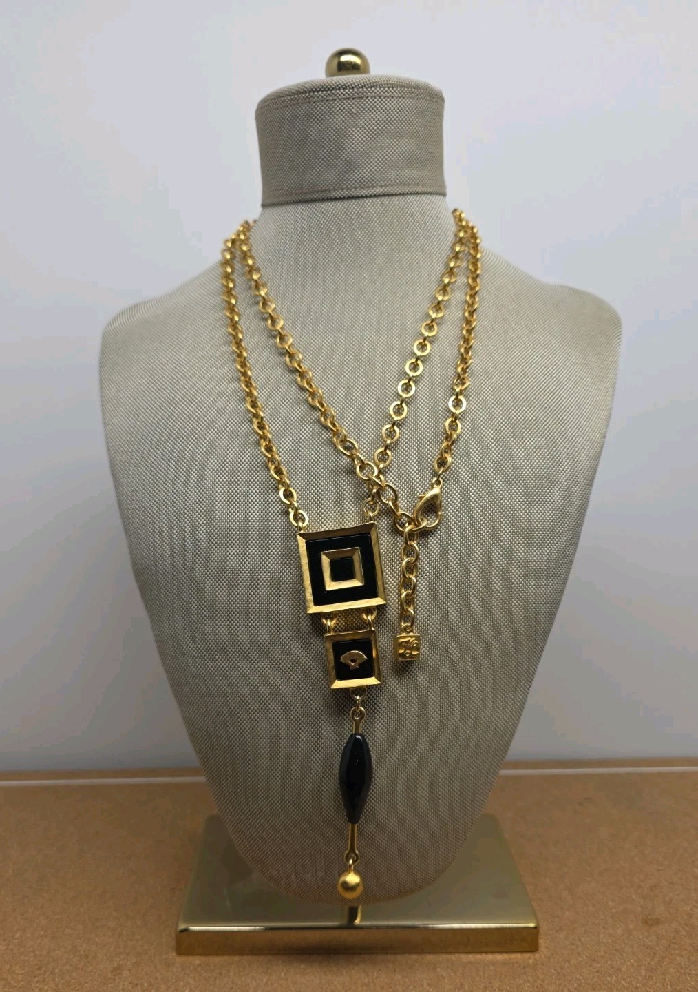 Karl Lagerfeld Black Enamel Gold Plated Dangle Pendant Chain Necklace Runway