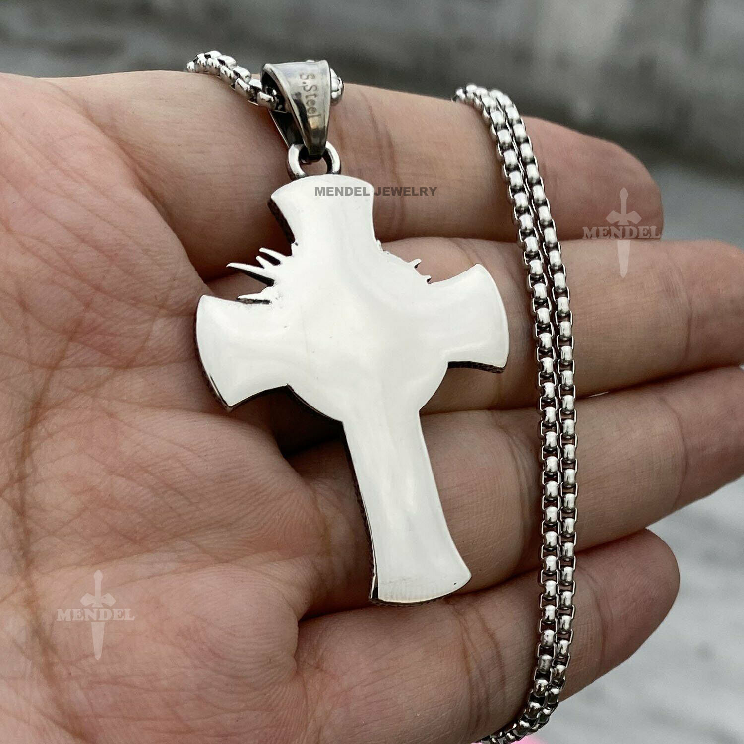 Mens Stainless Steel Jesus Christ Face Crucifix Cross Alloy Pendant Necklace