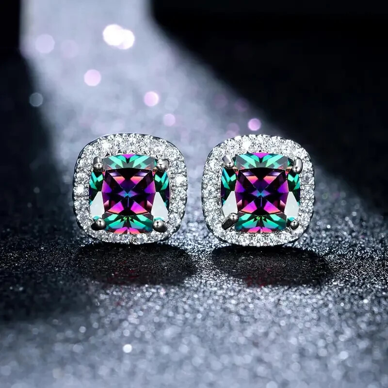 925 Sterling Silver Rainbow Mystical Fire Topaz New Fashion Charms Stud Earrings