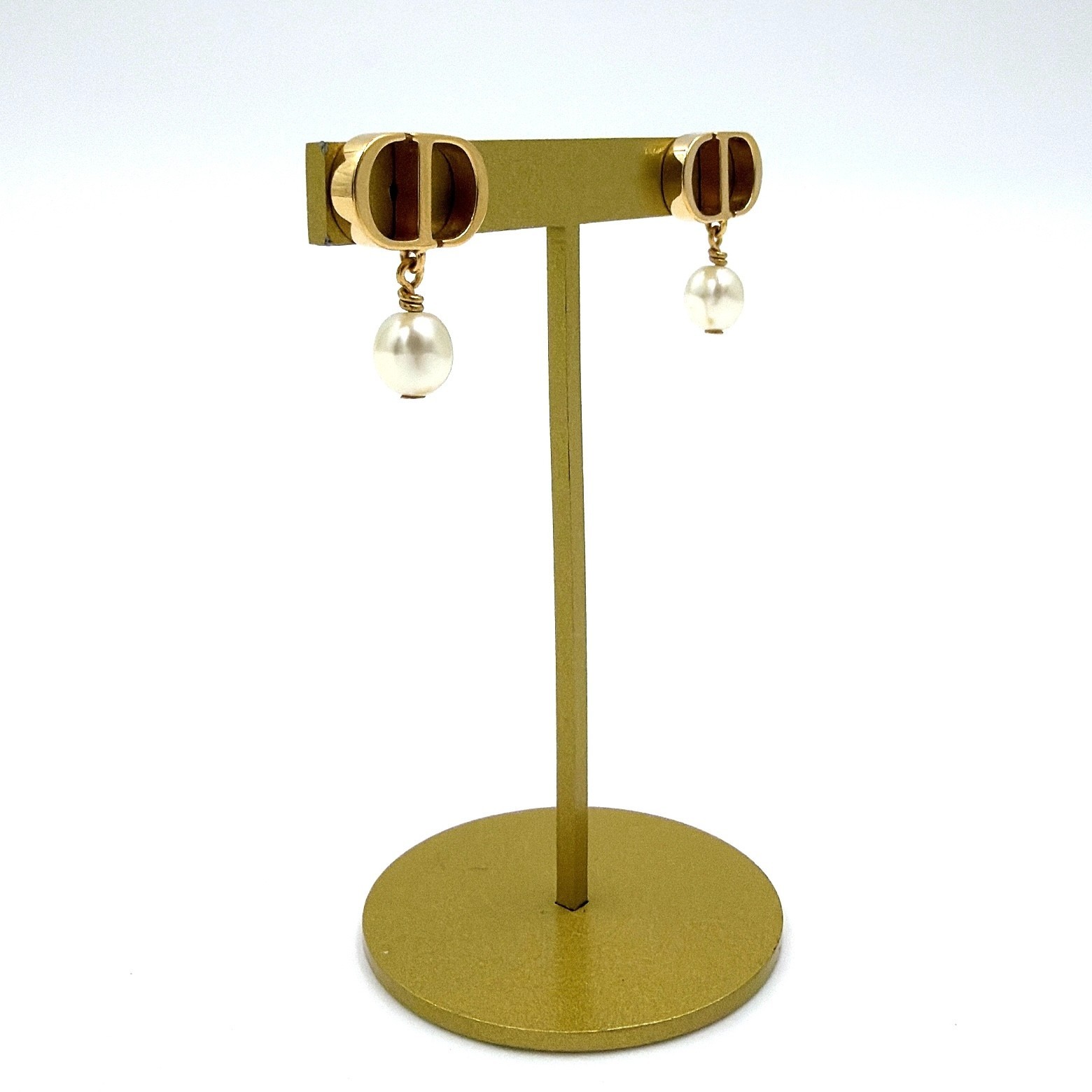 Dior Petit CD Logo Faux Pearl Drop Pierced Earrings Gold Tone France Auth