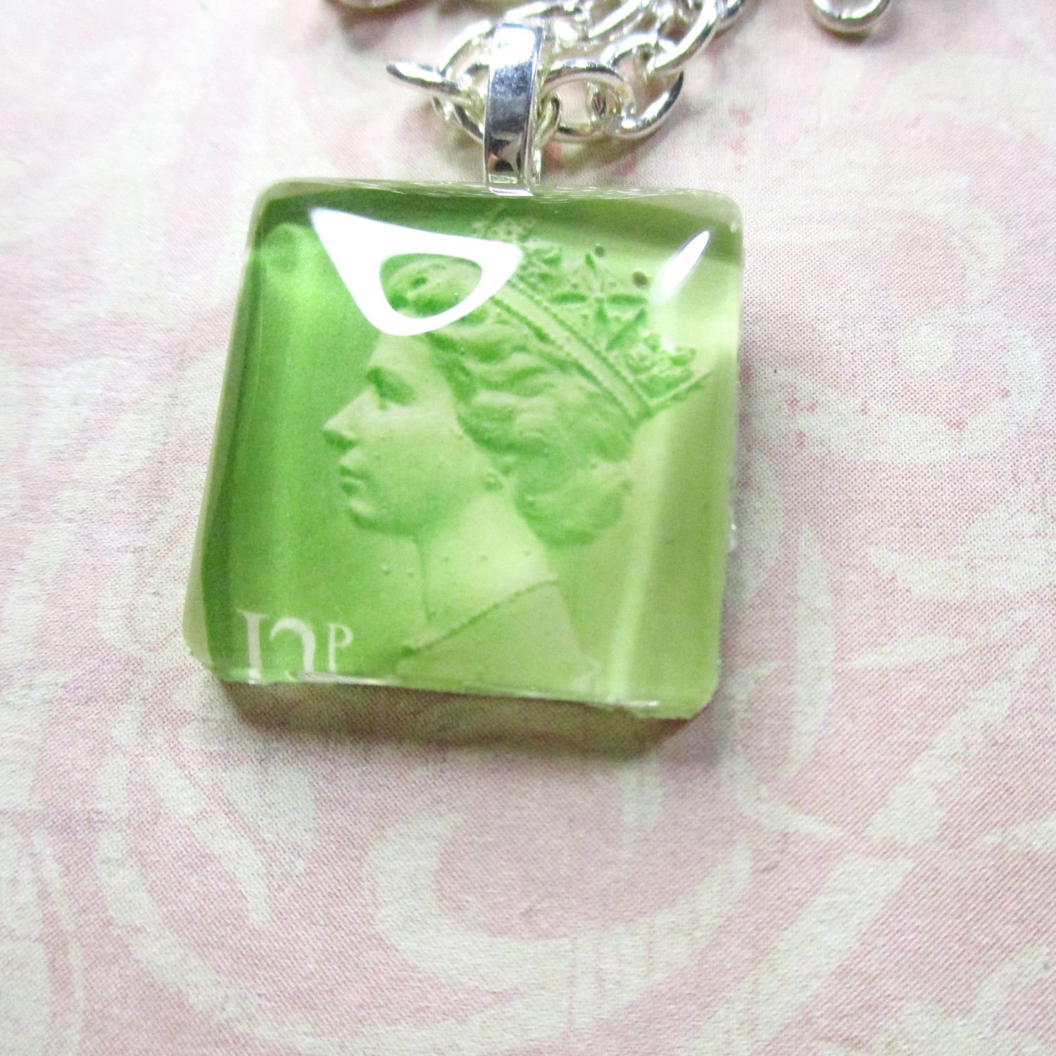 Handmade Authentic Postmarked Queen Elizabeth Postage Stamp Glass Tile Necklace