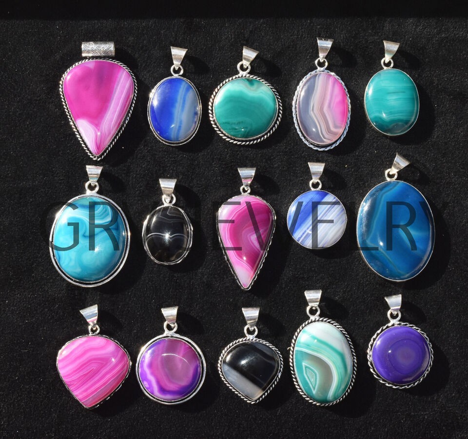 1-1000 Pcs Banded Agate Gemstone Handmade Pendant Lot Bulk: Silver Plated WH-5