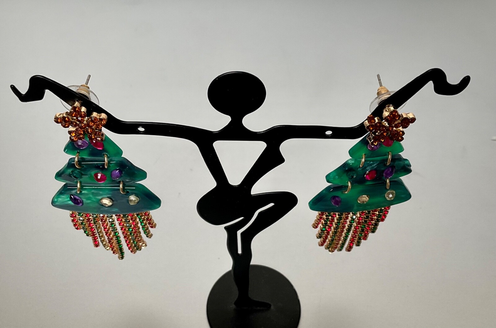 NOIR Funky Statement Christmas Tree Dangle Earrings Acrylic & Rhinestones