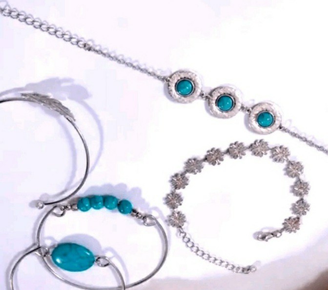 Turquoise Stone, Silver, Bangle Bracelet OR Anklet 5 Piece Set, Brand New! OSFM!