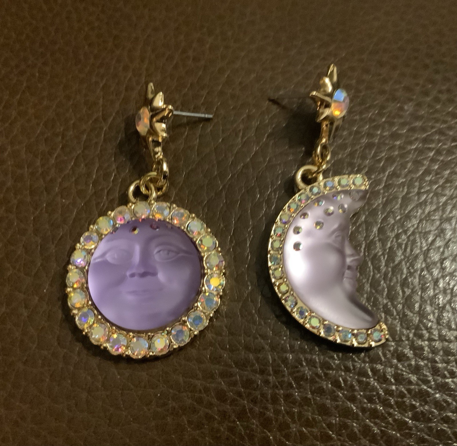 Goddess Moon Sun Star Earrings Face Mismatch Gold Deco Celestial CZ Asymmetric