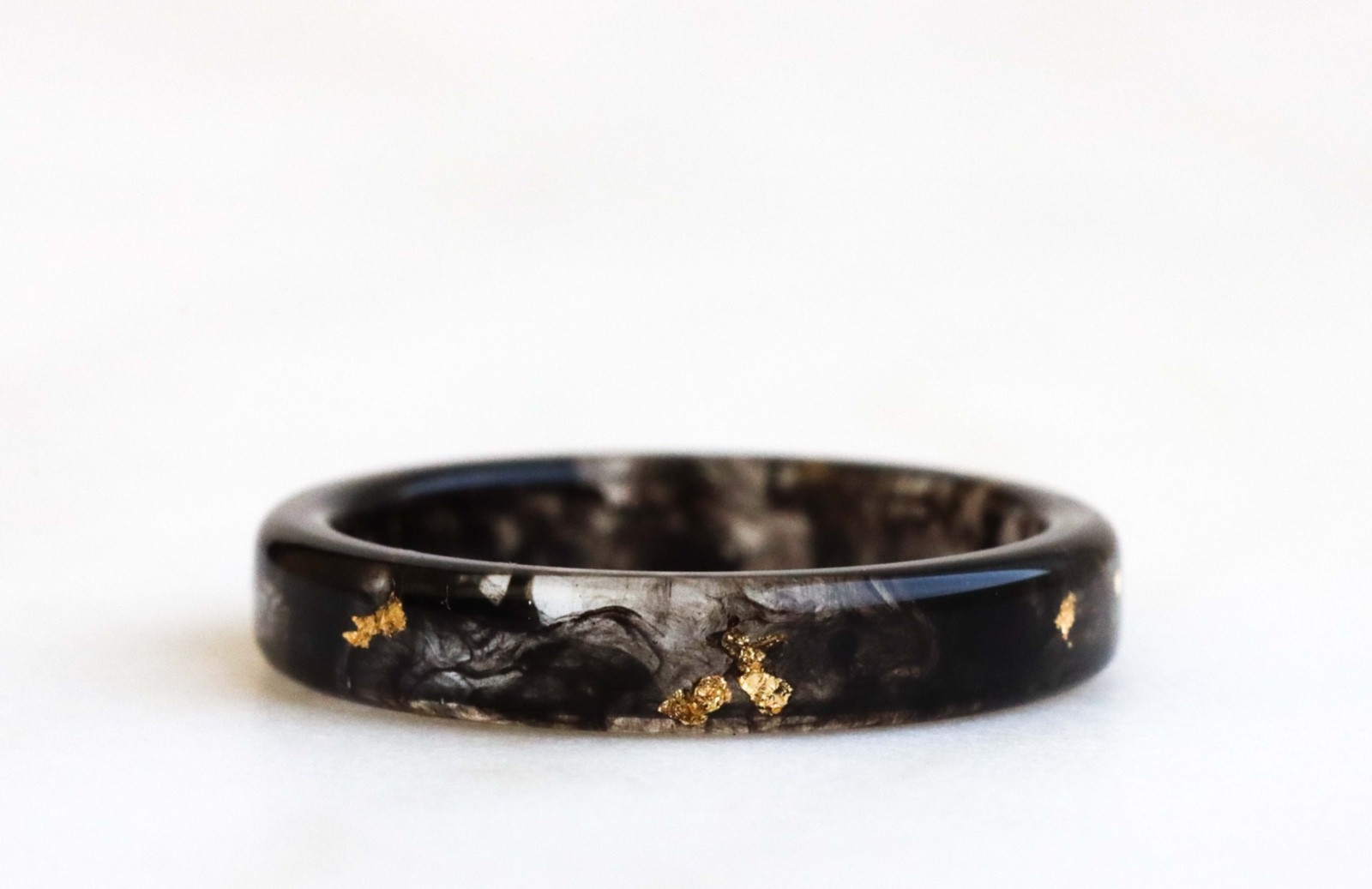 Black Resin Ring With Metal Flakes, Handmade Unisex Band Minimalist Jewelry Gift