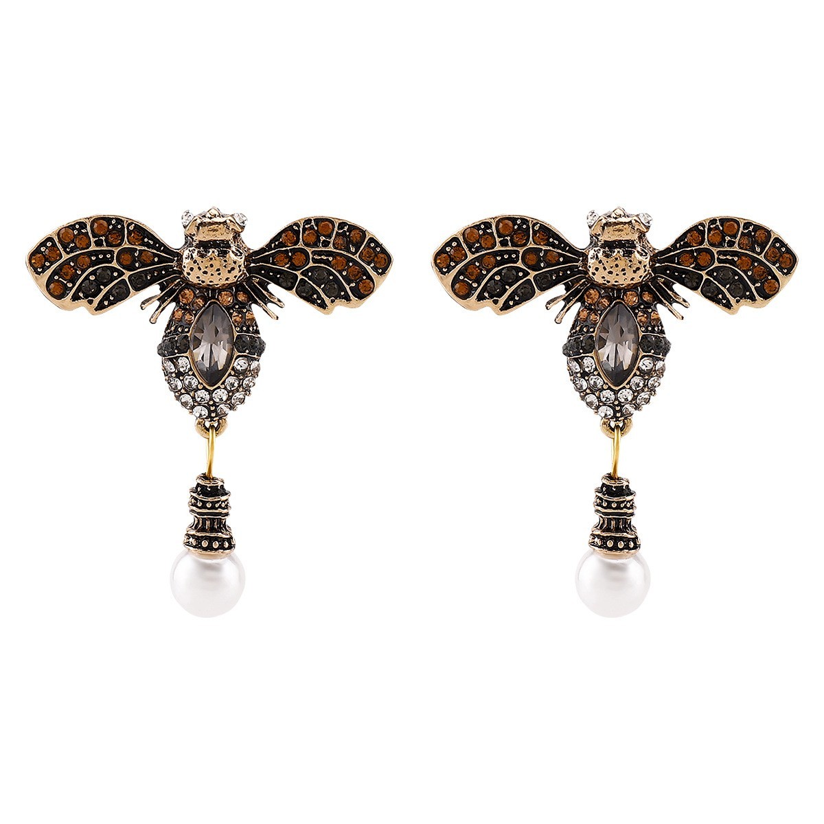 ART DECO CICADA EARRINGS Pearl Insect & Brown Stones Nouveau Gothic