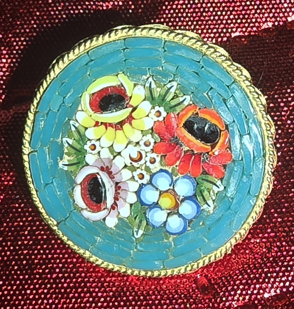 Round Italian Glass Mosaic Floral Brooch Pin Signed Blue Multicolor Gold