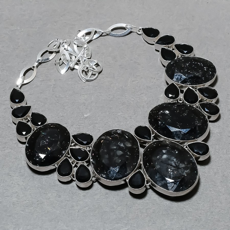 Crack Crystal Black Spinel Gemstone Necklace Handmade Chain Jewelry 18″ BN 7633