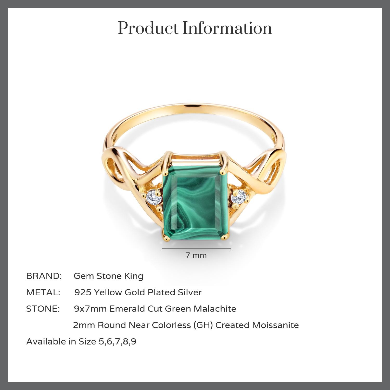 18K Yellow Gold Plated Silver Ring Malachite Moissanite (3.58 Cttw)