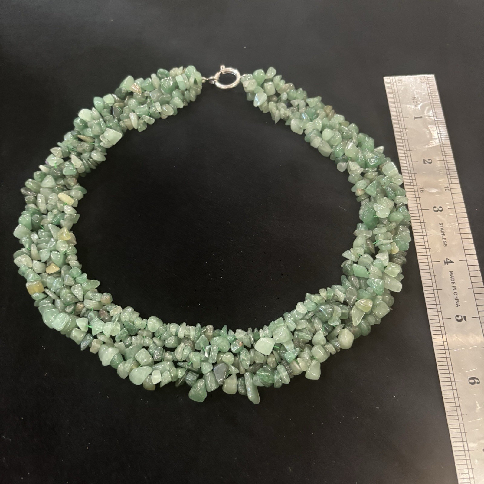Green Aventurine Chip Necklace Natural Stone 5 Strand Twisted 17” Boho