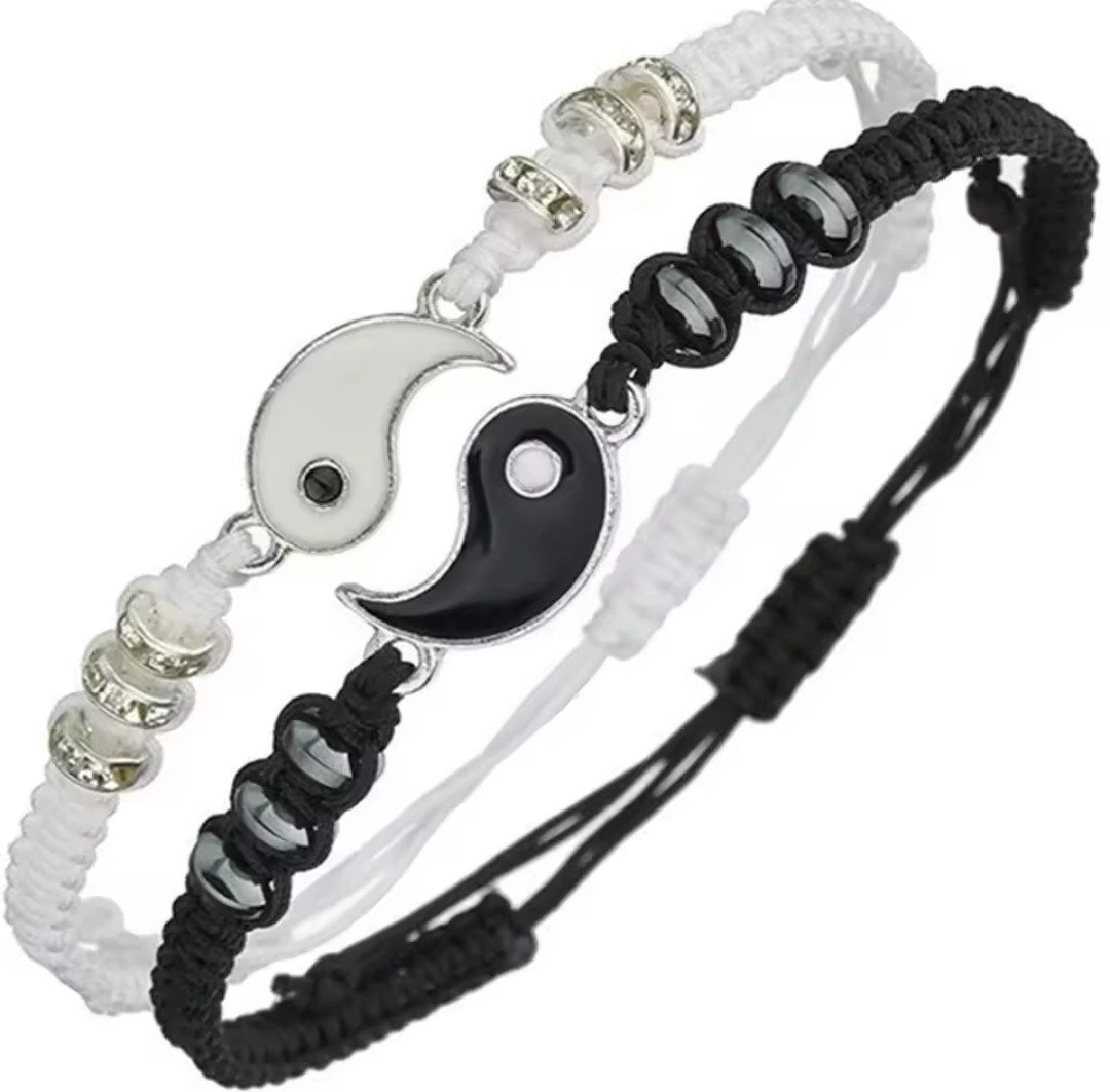 2 Pcs Jewelry Set Couple Black White Tai Chi Bracelet Rope Adjustable Chain
