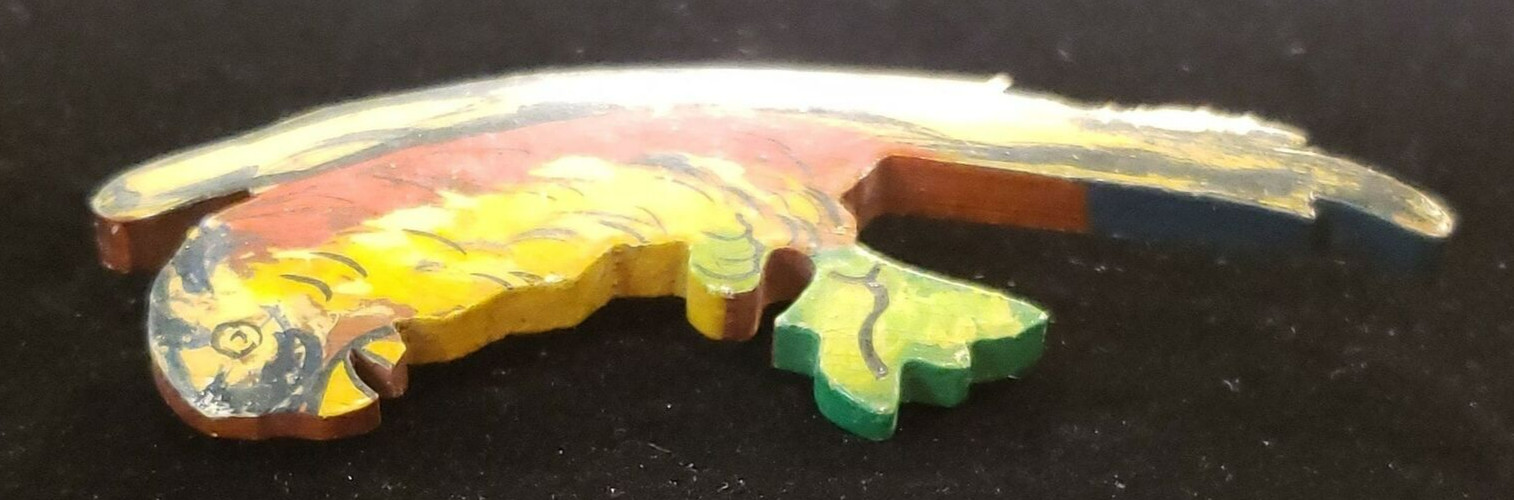 Vintage Unsigned Hand Painted Tropical Parrot Pin/Brooch on Wood Base
