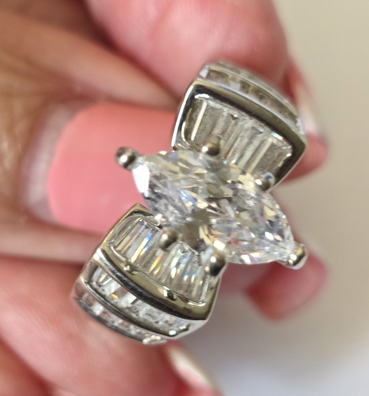 Silver Rhodium Plated Marquise Solitaire Ring Size10