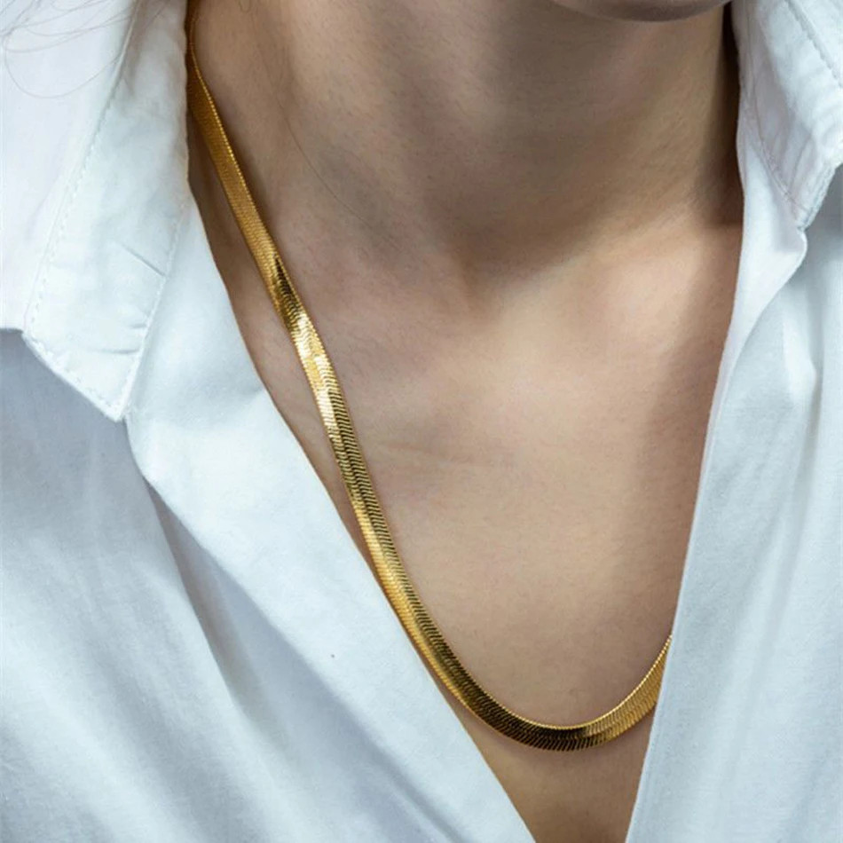 Silver color Gold Plated 4MM Flat chain Necklace for Women Luxury Fine