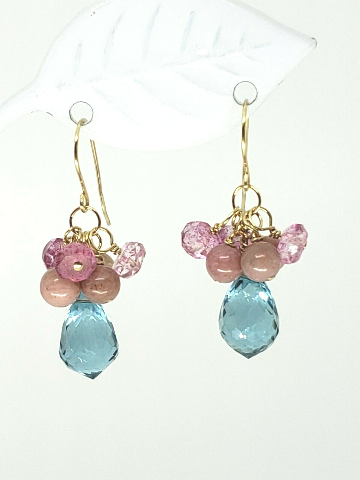 14k Yellow Gold Blue and Pink Topaz Pink Peruvian Opal Cluster Dangle Earrings