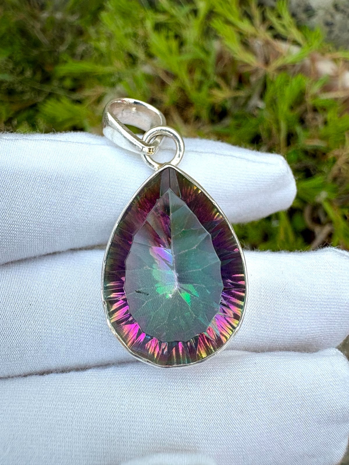 38.15Ct Mystic Quartz 925 Sterling Silver Pendant Pear Cut Rainbow Gemstone