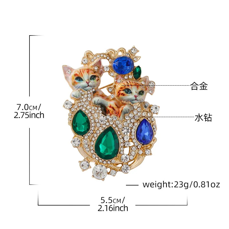 Retro Rhinestone Studded Double Cat Brooch High-end Luxury Women Pins Accessory