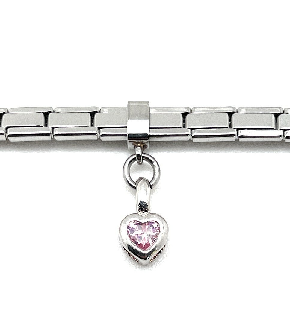 Italian Modular Charm Bracelet Dangle Pink CZ Heart Stainless Steel Silver 4 mm